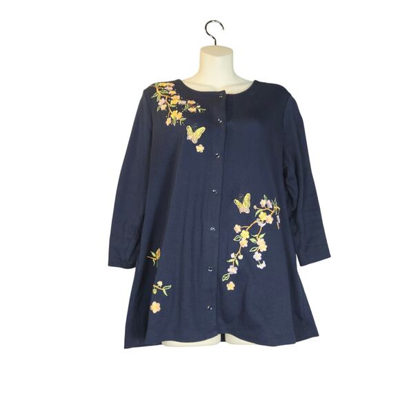 Quacker Factory by Jeanne Bice Womens Large Cardigan Button Up Floral Butterfly - Picture 1 of 13